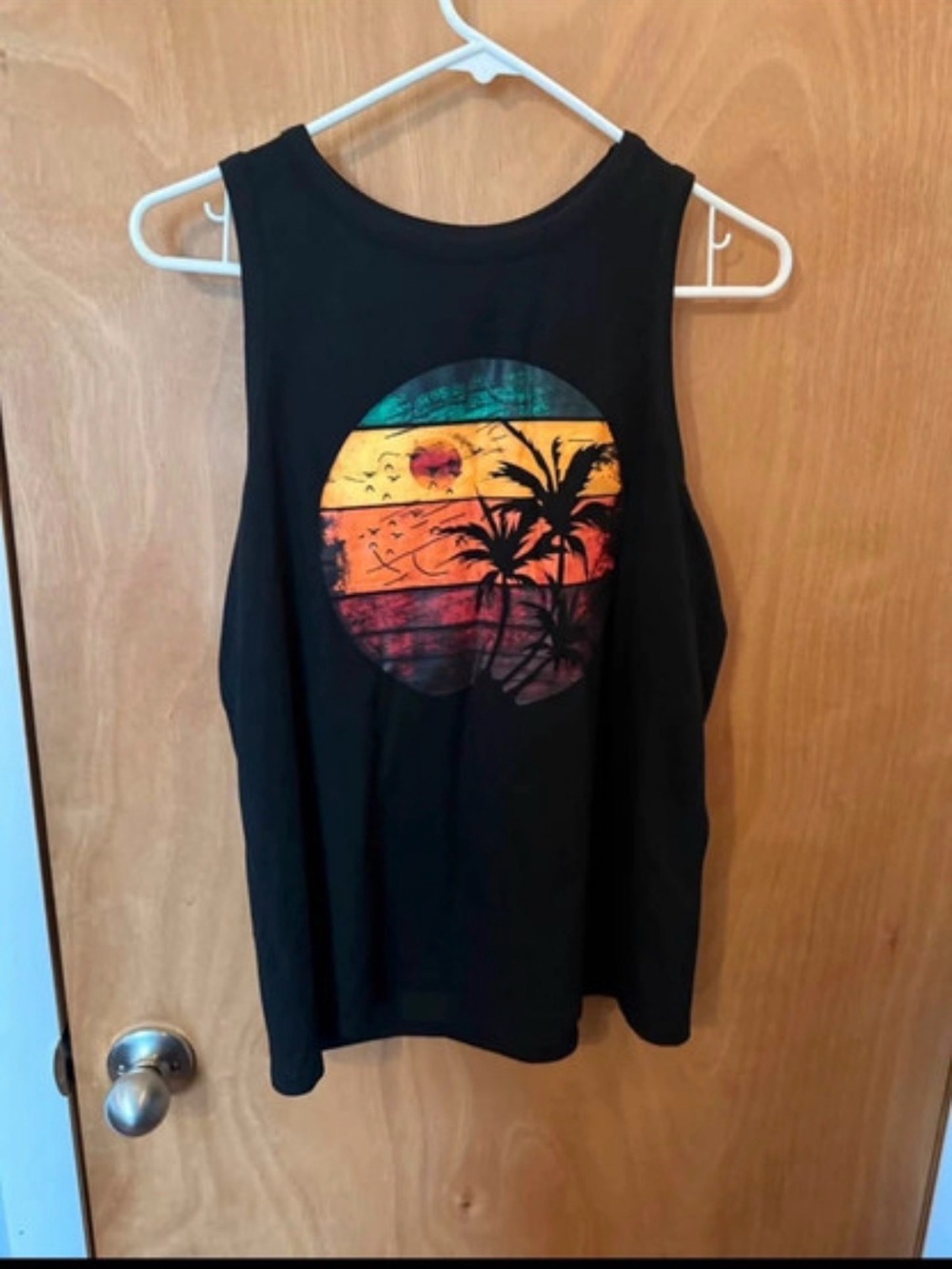 SHEIN Black Tank Top with Tropical Sunset Palm Graphic